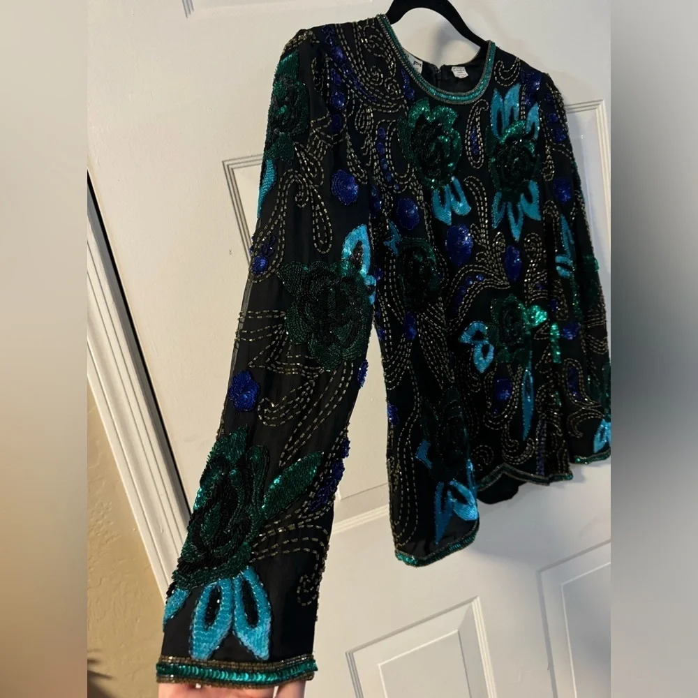 VTG Scala Beaded Silk Blouse Long Sleeve Elegant Party Sparkle Top Blue Purple - Picture 7 of 16